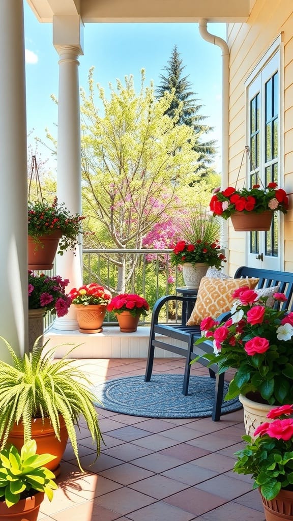 A sunny front porch decorated with vibrant flowers and greenery.