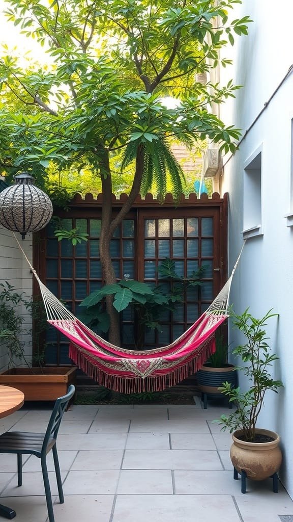A bright pink hammock suspended in a small backyard patio surrounded by greenery.