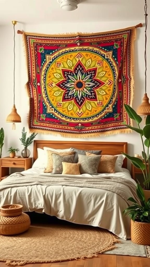 A colorful tapestry hanging above a bed in a boho chic bedroom setting.