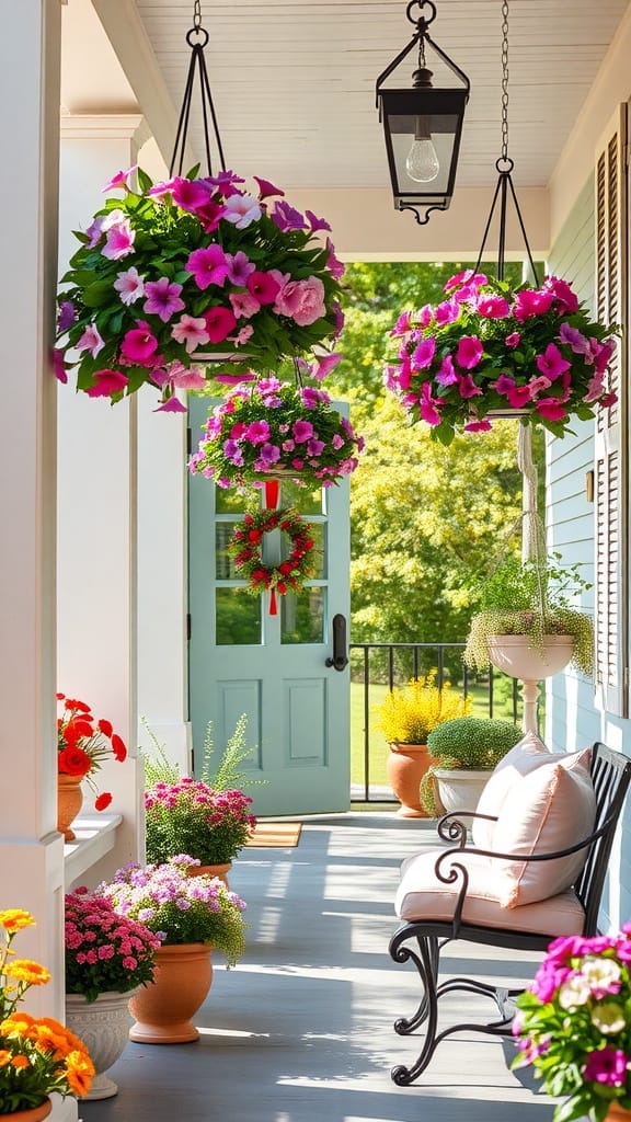 Colorful hanging flower baskets on a porch