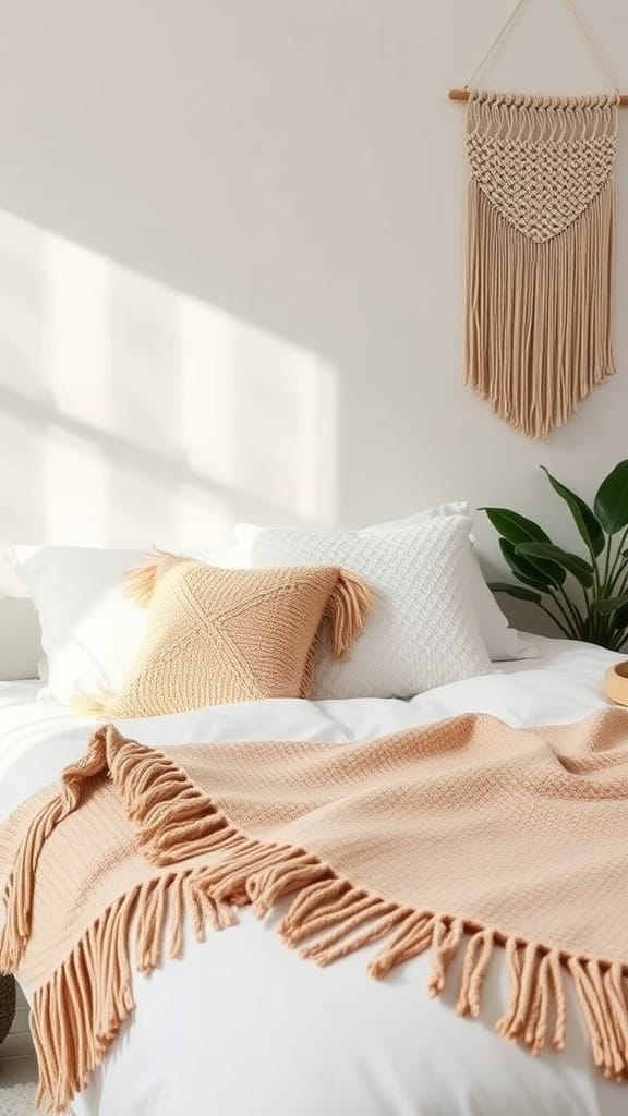 A cozy boho chic bedroom with fringe details on pillows and blankets.