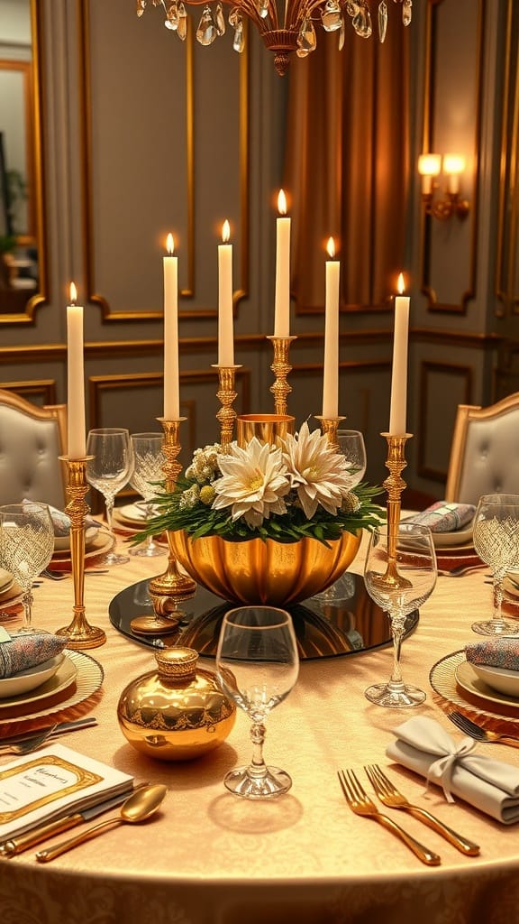 A luxurious dining room table setup featuring gold accents, flowers, and elegant candle holders.
