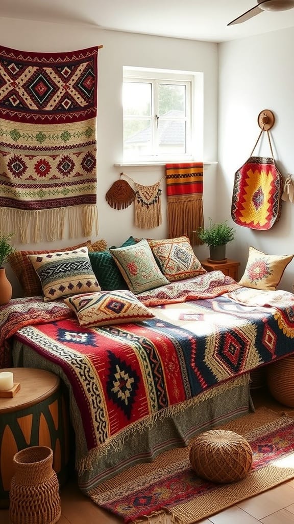 A cozy boho chic bedroom featuring colorful textiles and patterns.