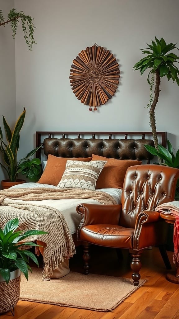 A cozy boho chic bedroom featuring a leather chair, warm colors, and plants.
