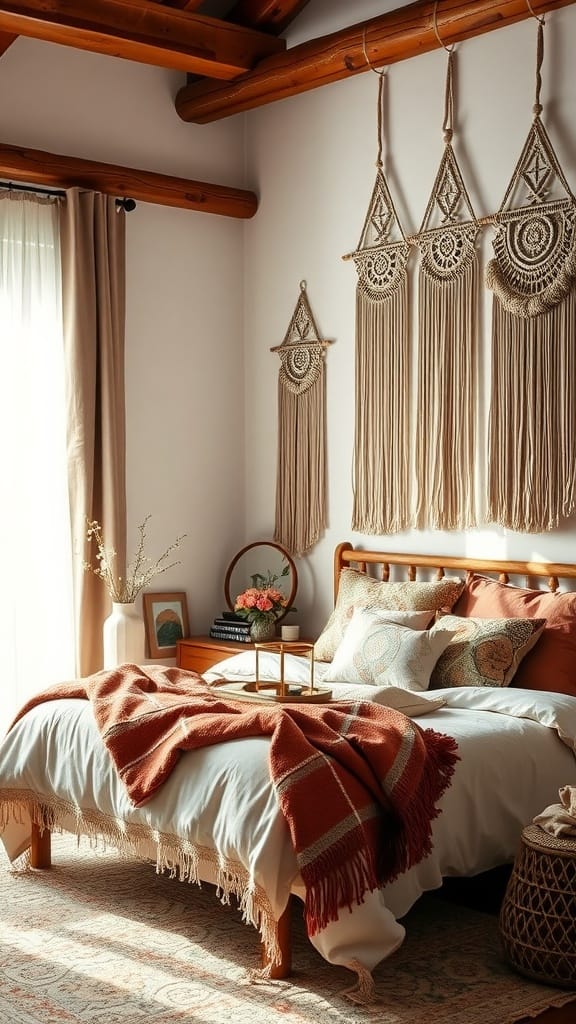 A cozy boho chic bedroom featuring macramé wall hangings and warm colors.