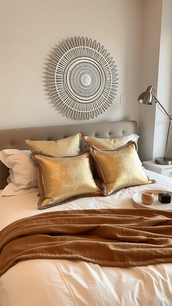 A cozy boho chic bedroom featuring metallic accents like gold pillows and a stylish lamp.
