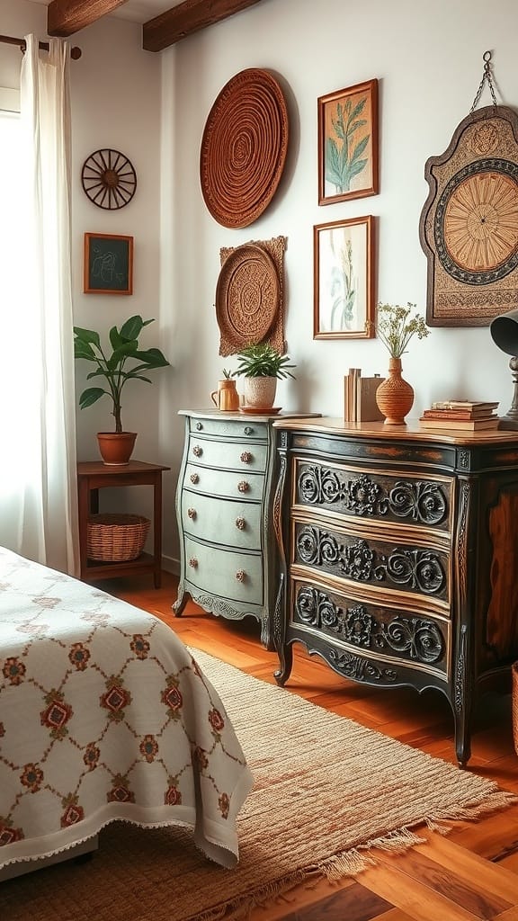 A cozy boho chic bedroom featuring vintage accents like a rustic dresser and wall art.