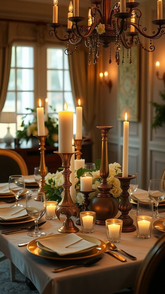 A beautifully set dining table featuring vintage candle holders and elegant tableware.