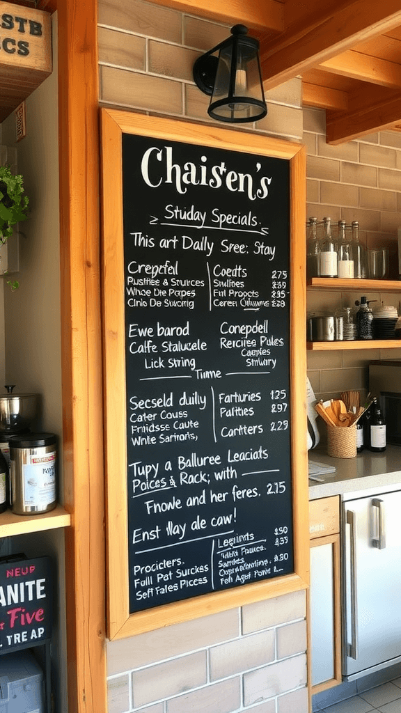 Chalkboard menu in an outdoor kitchen setting