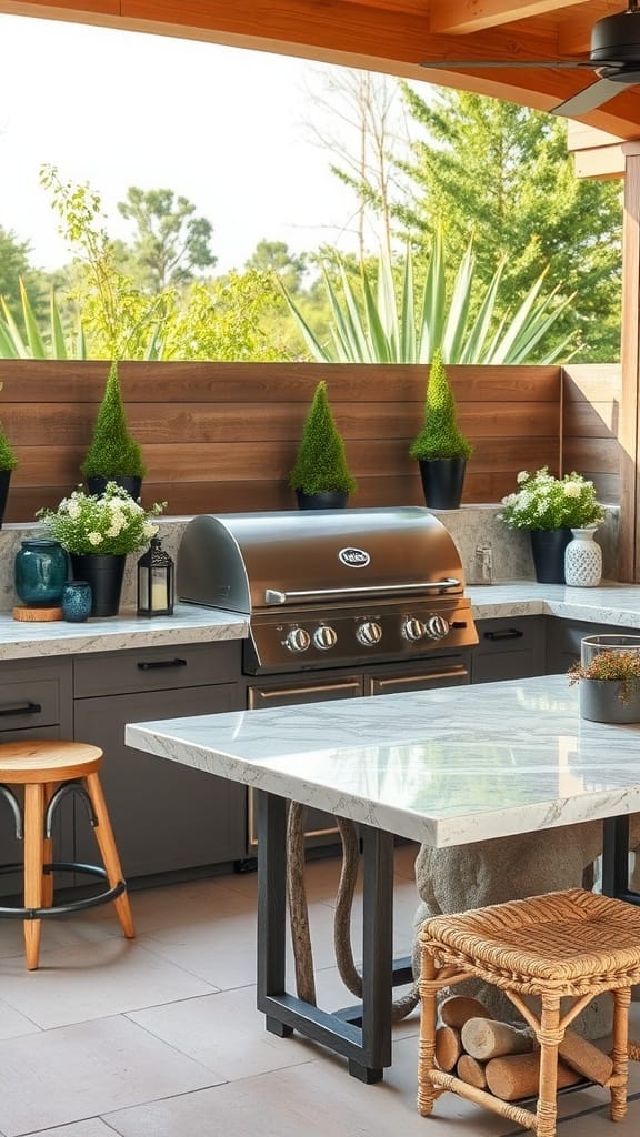 An outdoor kitchen with natural elements including plants and wooden furniture.