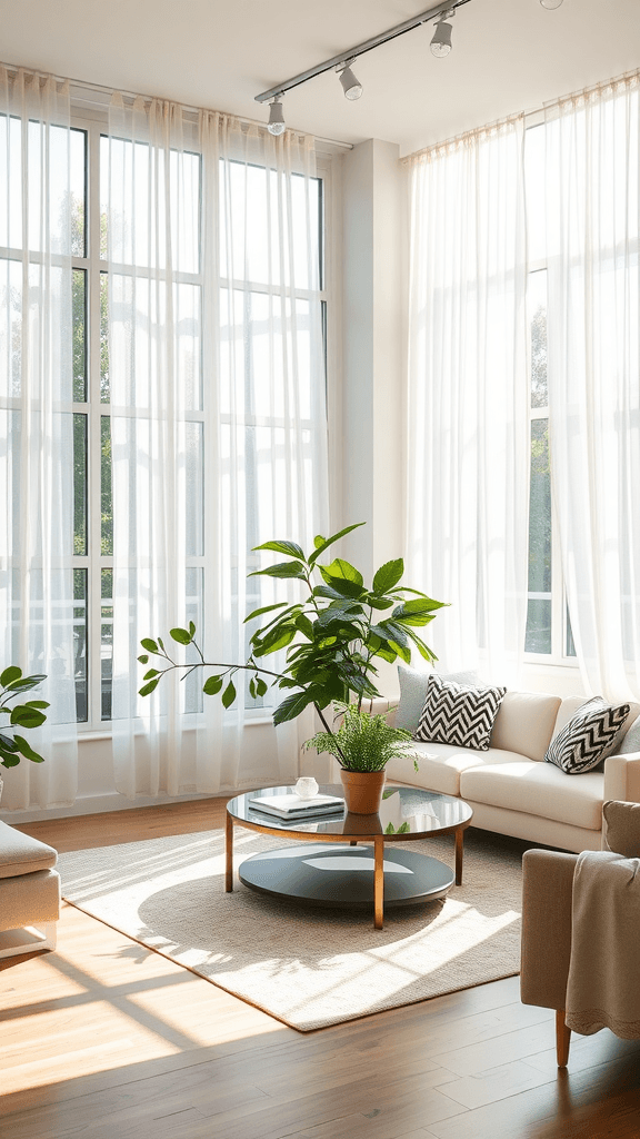 Bright living room with large windows, sheer curtains, and potted plants.