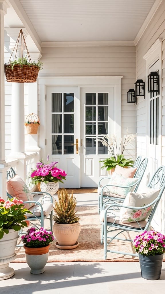 A beautifully decorated spring porch with pastel colors, featuring flower pots and cozy seating.