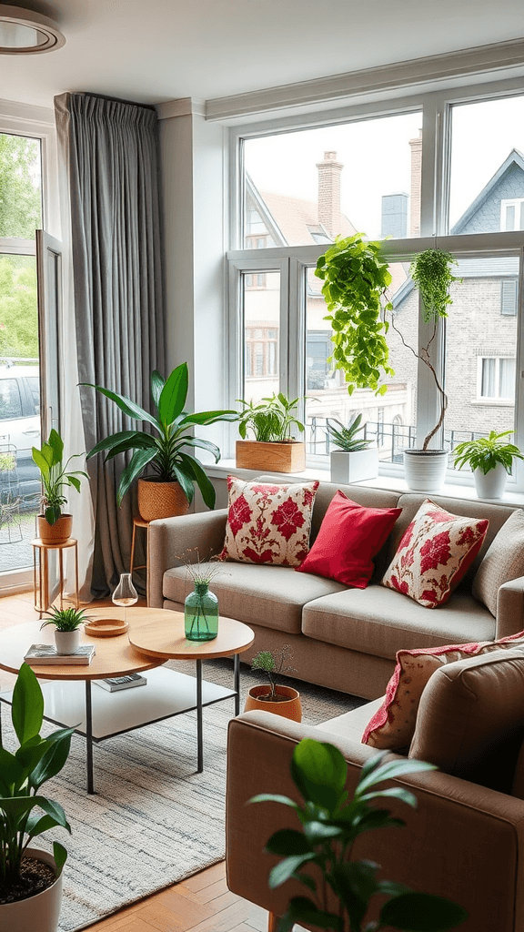 A cozy living room filled with a variety of houseplants, showcasing a vibrant and fresh atmosphere.