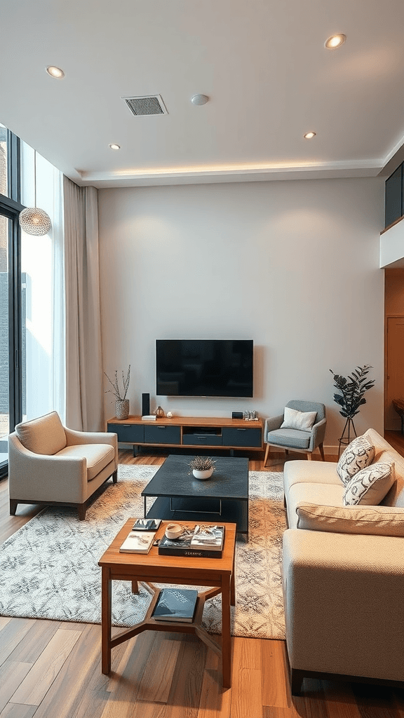 A stylish living room featuring smart home technology with modern furniture and decor.