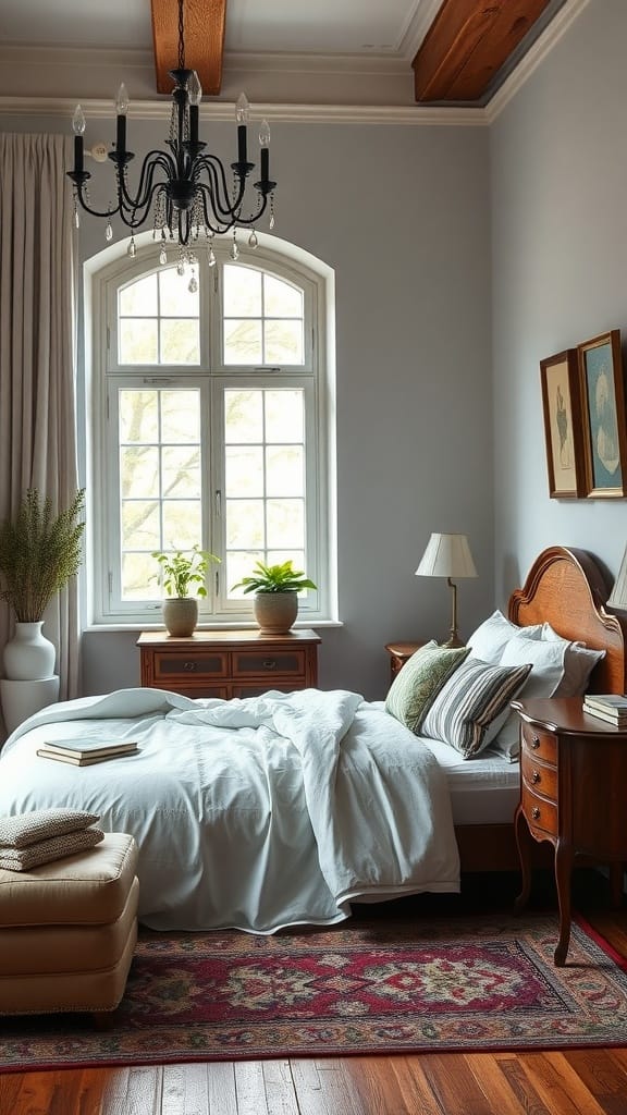 A cozy modern bedroom with vintage decor elements, featuring a wooden bed, elegant chandelier, and a mix of modern and antique furnishings.