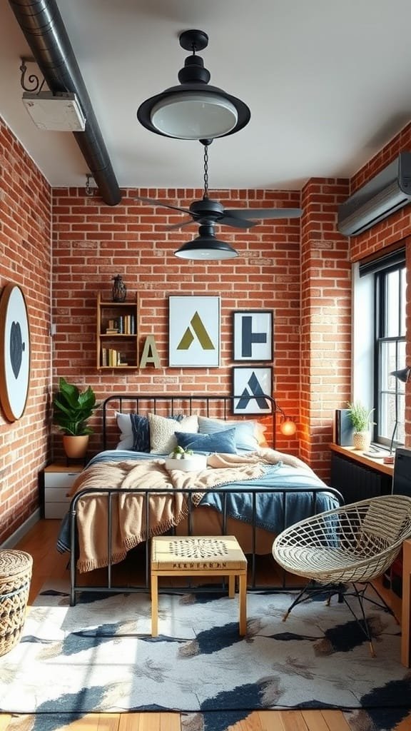 A modern teen boy bedroom featuring exposed brick walls, metal accents, and stylish decor.