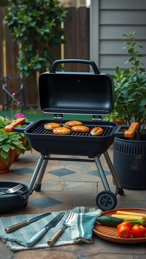A small, portable charcoal grill with sausages cooking, surrounded by fresh vegetables and grilling tools on a patio.