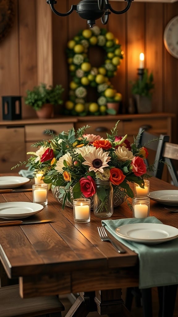 A beautifully arranged farmhouse dining room table with flowers and candles.