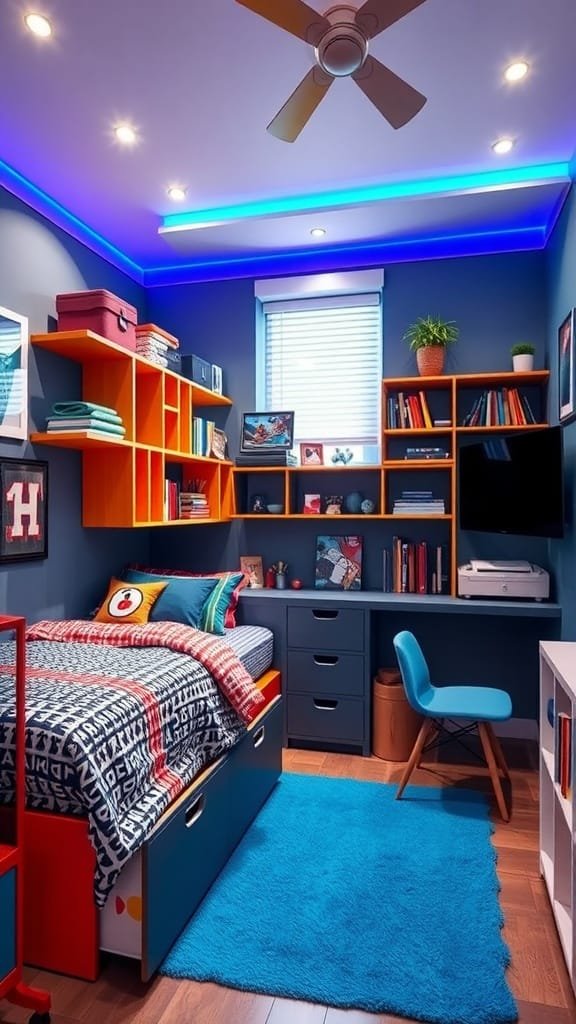 A modern teen bedroom with creative storage solutions and a stylish design.