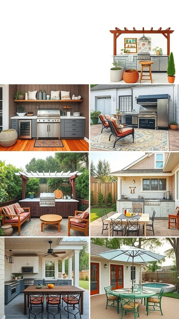 A collage of outdoor kitchen designs showcasing various themes and styles.