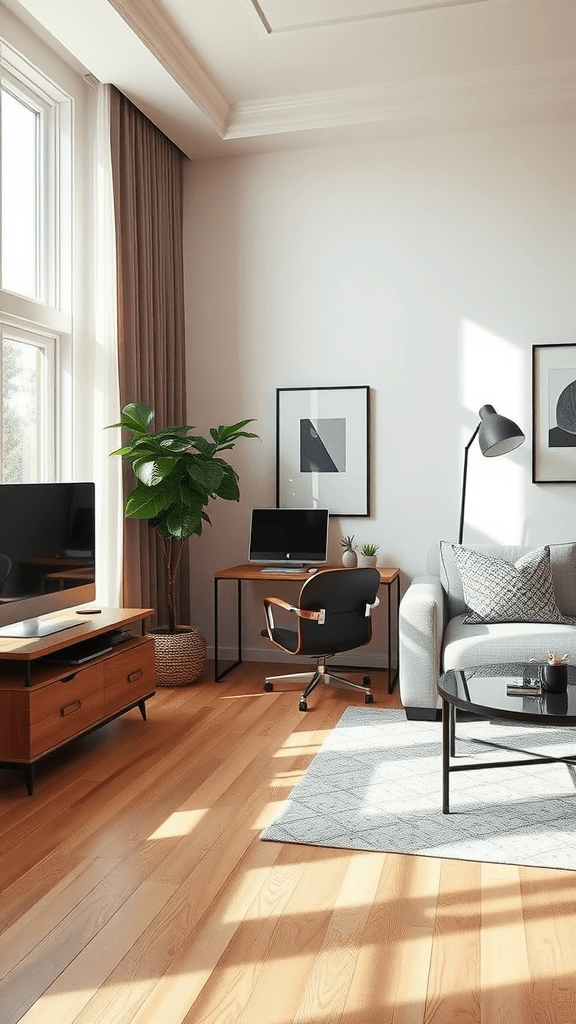 A modern living room featuring a workspace with a desk, chair, and decorative plants.