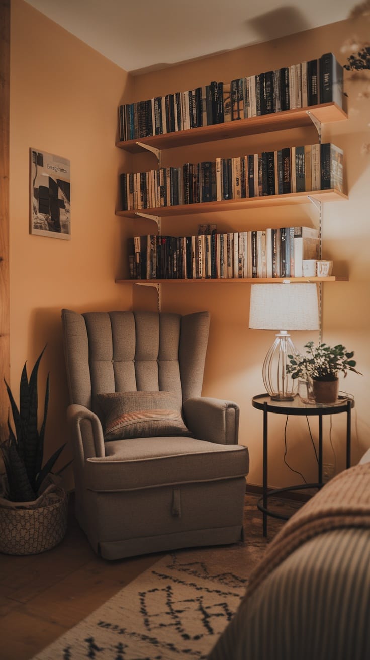 Cozy reading nook with a comfortable chair, bookshelves, and soft lighting.