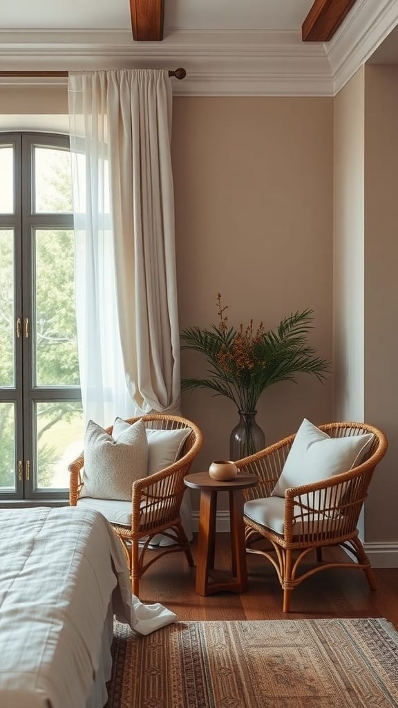 Cozy seating area in a modern bedroom with two chairs and a small table.