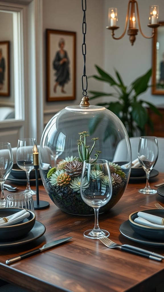 A modern terrarium with succulents as a centerpiece on a dining table.