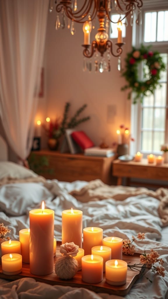 A cozy bedroom with a bed, scented candles on a wooden tray, and warm lighting.