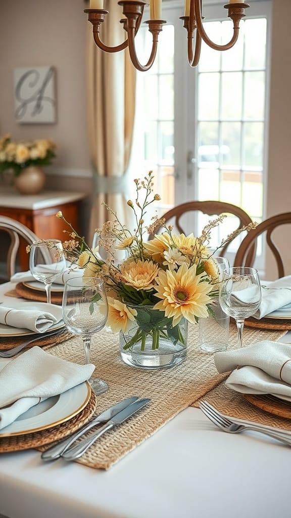 A beautifully set dining room table with soft textures and neutral tones featuring a floral centerpiece.