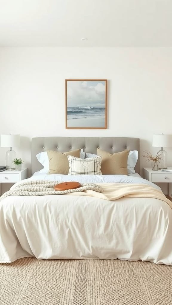 Cozy coastal bedroom with layered bedding and neutral colors.