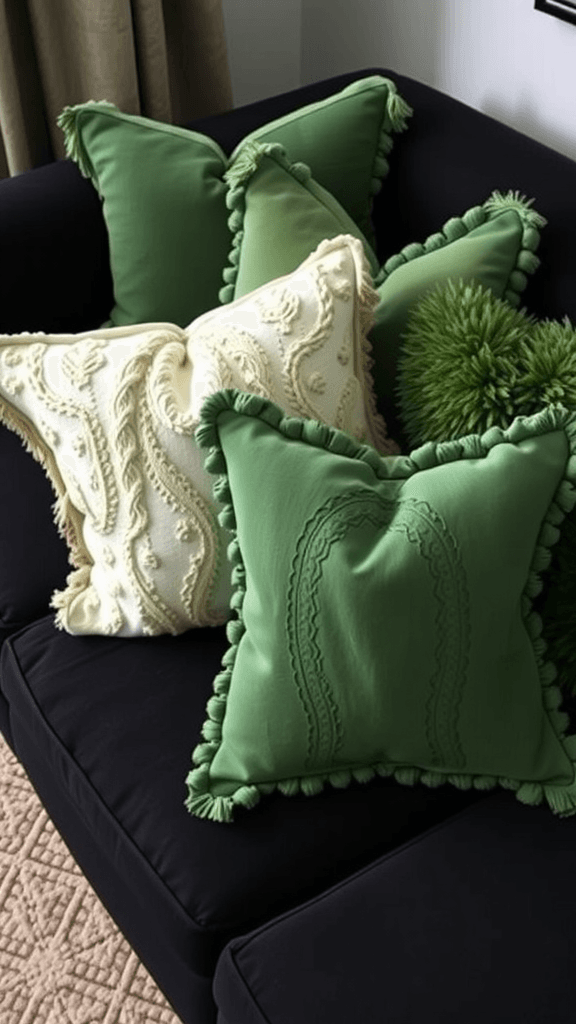 A collection of layered green throw pillows on a dark sofa.