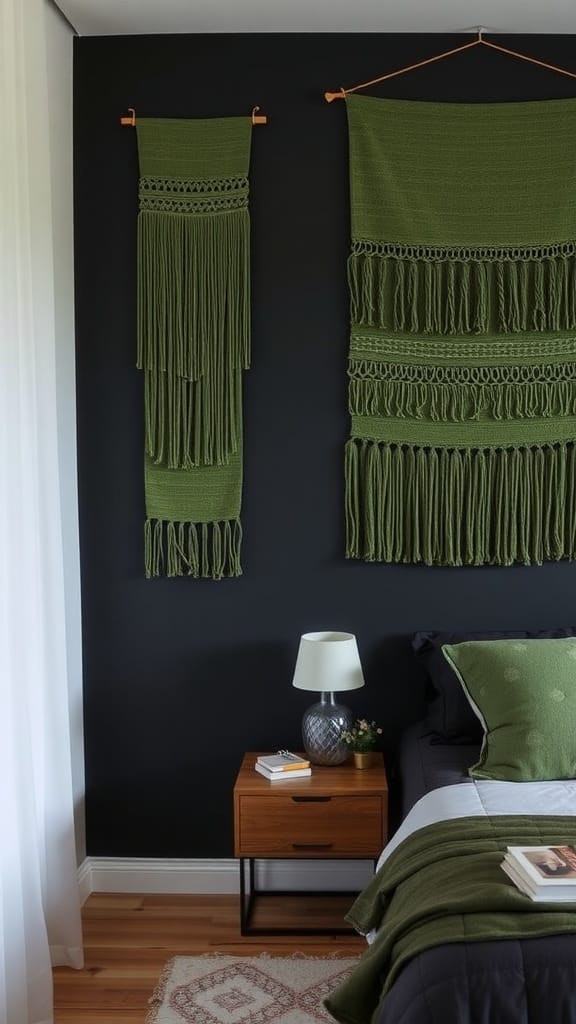 Layered green wall hangings in a black bedroom