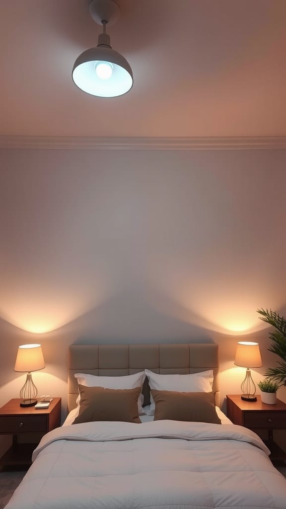 A modern bedroom featuring layered lighting with a central ceiling light and bedside lamps.