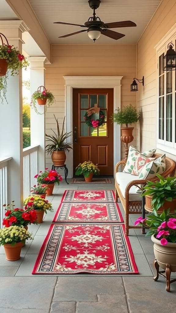 Cozy spring front porch with layered rugs, plants, and decorative elements.