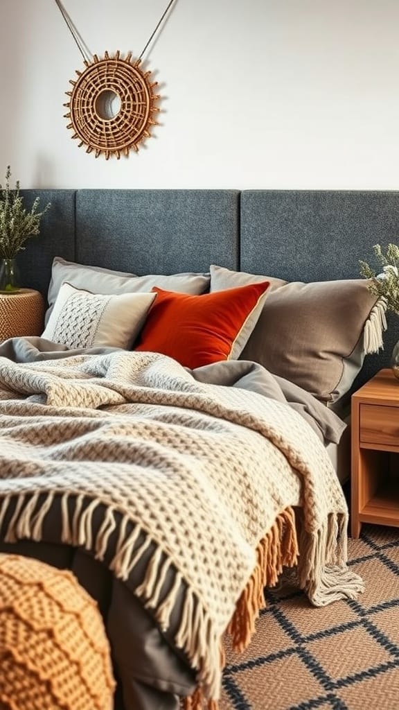 A cozy modern bedroom with layered textures, featuring a mix of pillows and blankets.