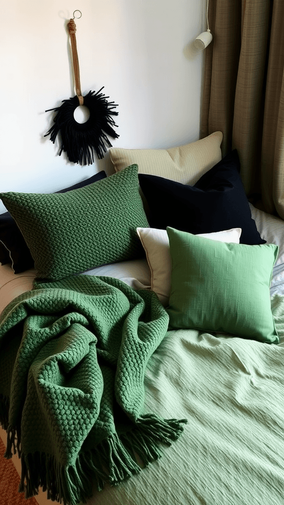 A cozy bedroom featuring layered green and black textures with pillows and blankets.