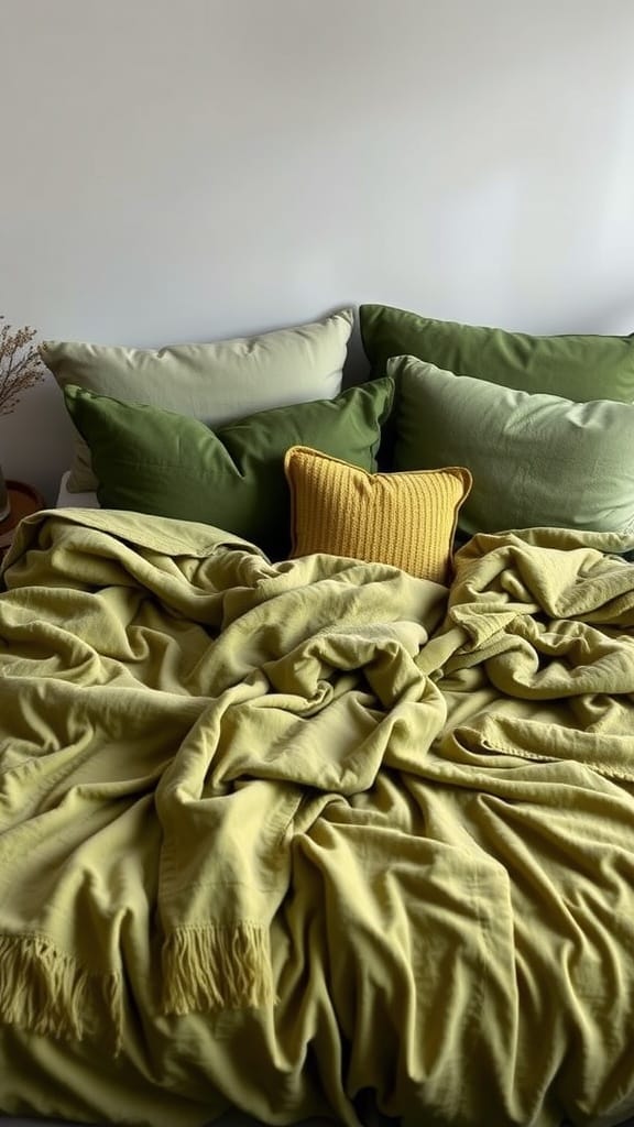 Cozy olive green bedding with various pillows and a bright yellow throw pillow.
