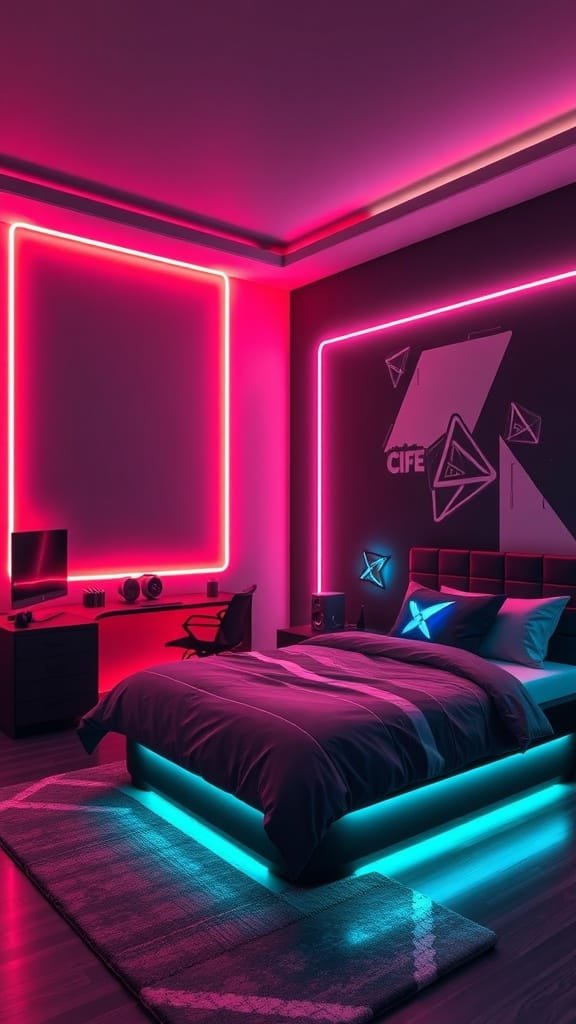 A futuristic teen boy bedroom featuring LED lighting with pink and blue tones.