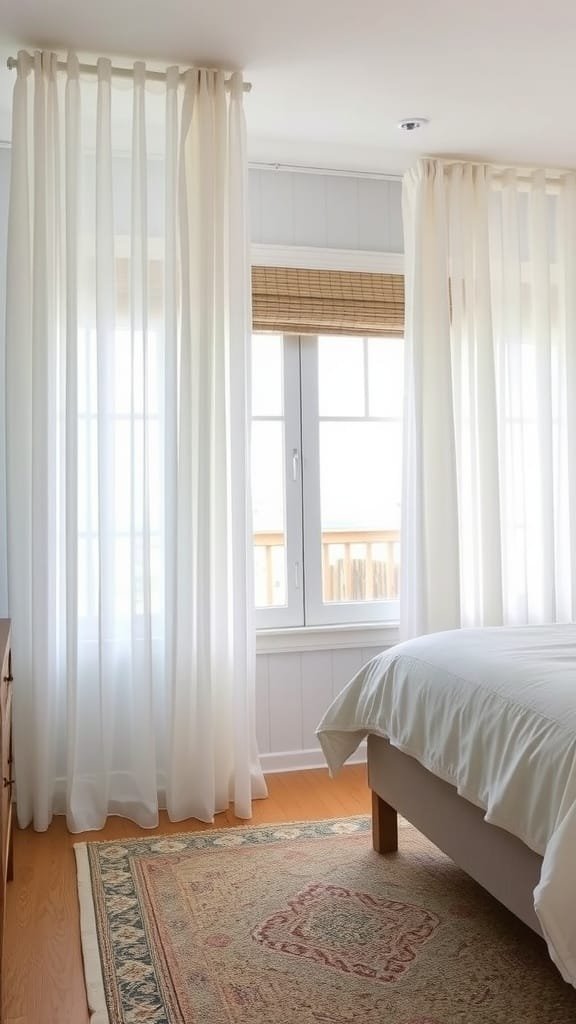 Light and airy curtains in a cozy coastal bedroom with a soft chair and warm sunlight.