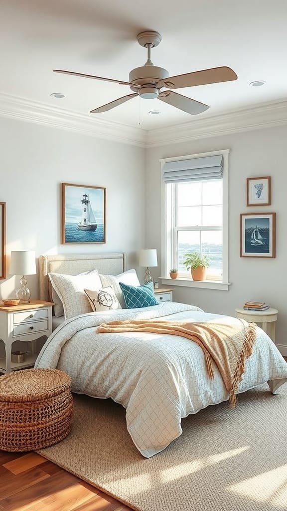 Cozy coastal bedroom with lighthouse-themed decor, featuring framed nautical artwork and soft bedding.