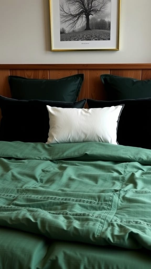 A beautifully made bed with green bedding and black pillows, featuring a framed black and white tree print above.