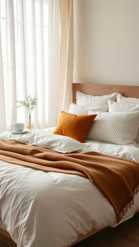 A cozy modern bedroom setup with luxurious bedding and warm tones.