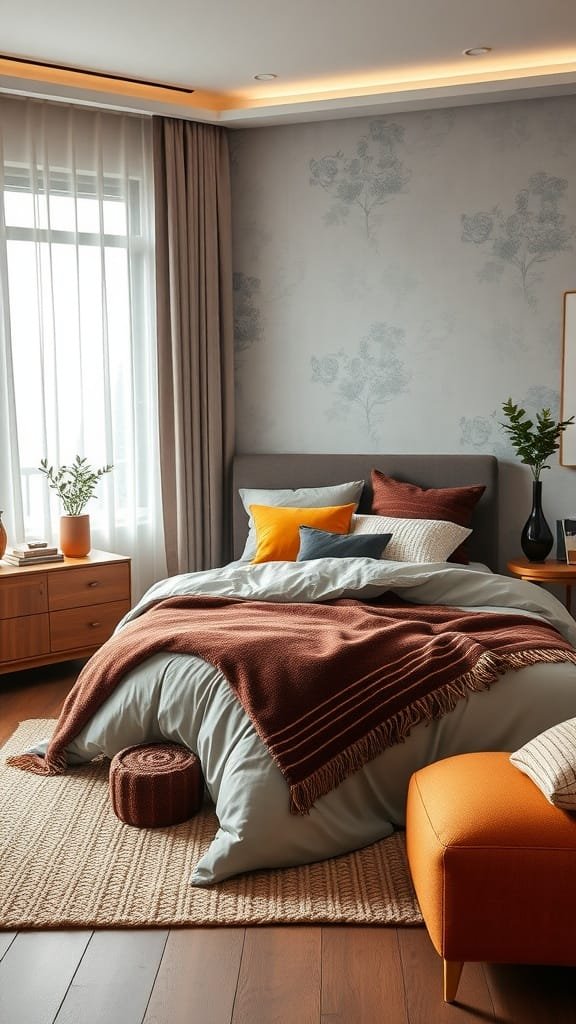 A modern teen boy bedroom featuring luxurious textiles and warm colors.