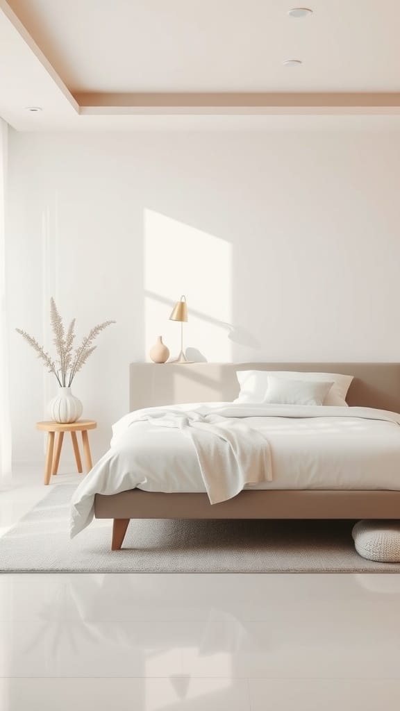 A modern bedroom featuring a soft color palette, minimalist furniture, and cozy decor.