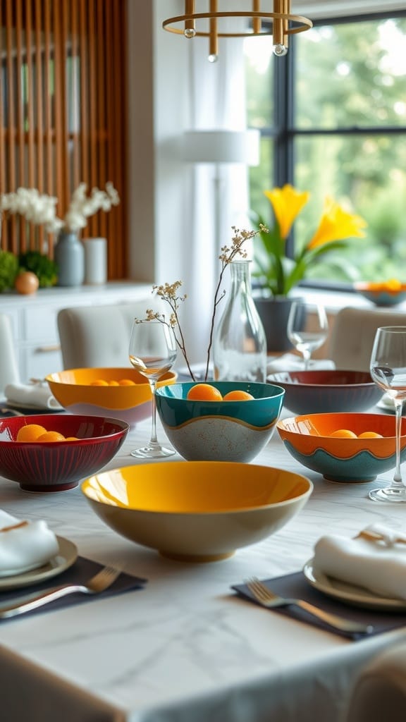A stylish dining table set with colorful bowls filled with oranges, creating a vibrant centerpiece.