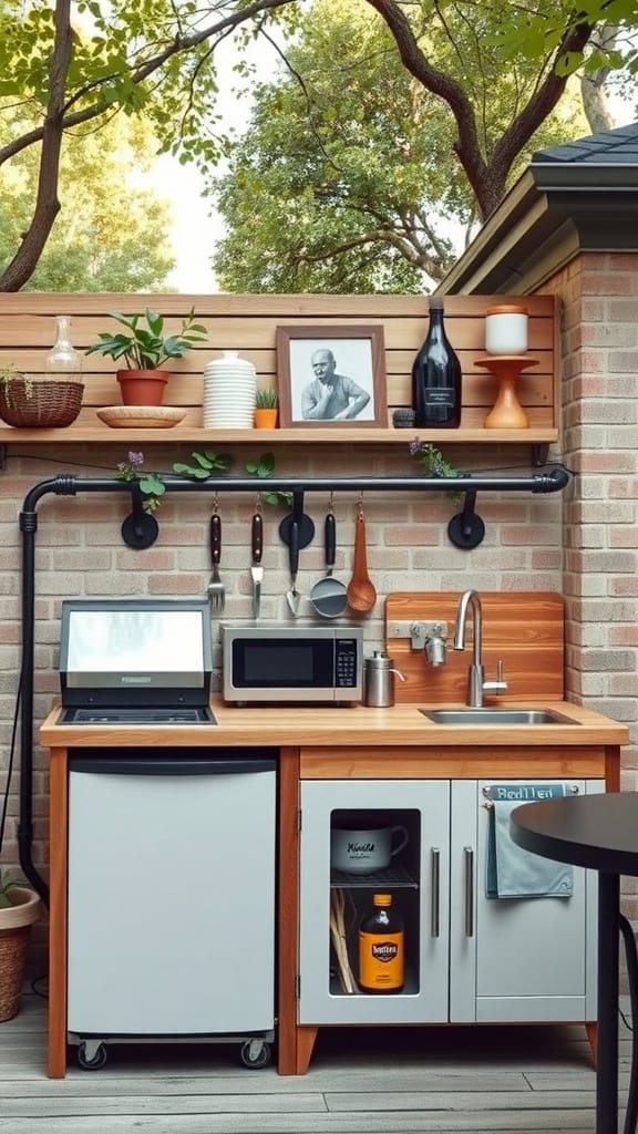 A compact outdoor kitchen featuring a small fridge, microwave, and wooden countertop with shelves.