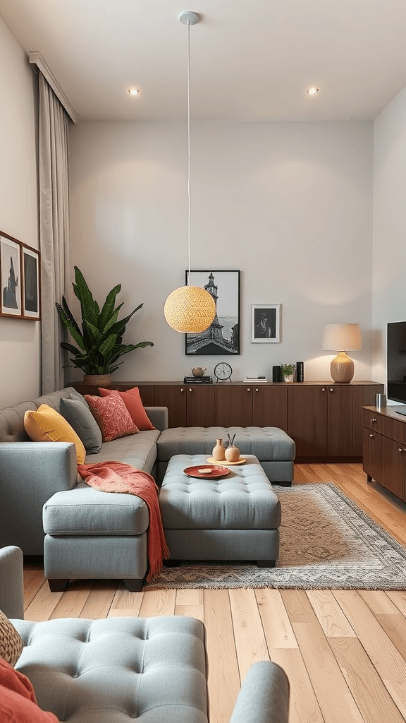 A modern living room featuring multi-functional furniture, including an ottoman and coffee table.