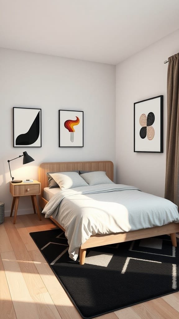 A minimalist bedroom featuring a bed, bedside table, and abstract wall art.