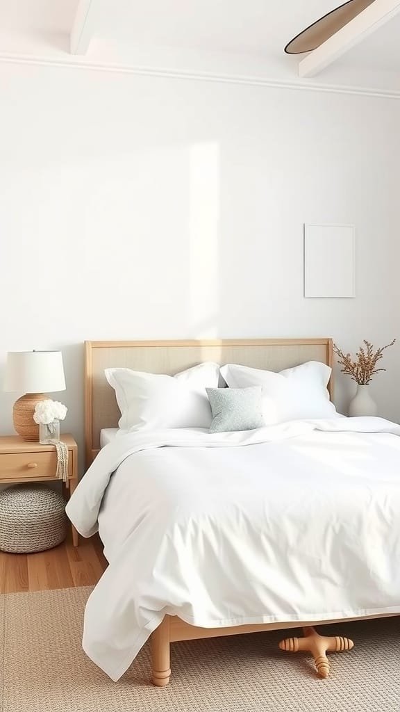 A cozy minimalist coastal bedroom with a light wood bed, white bedding, and soft natural light.